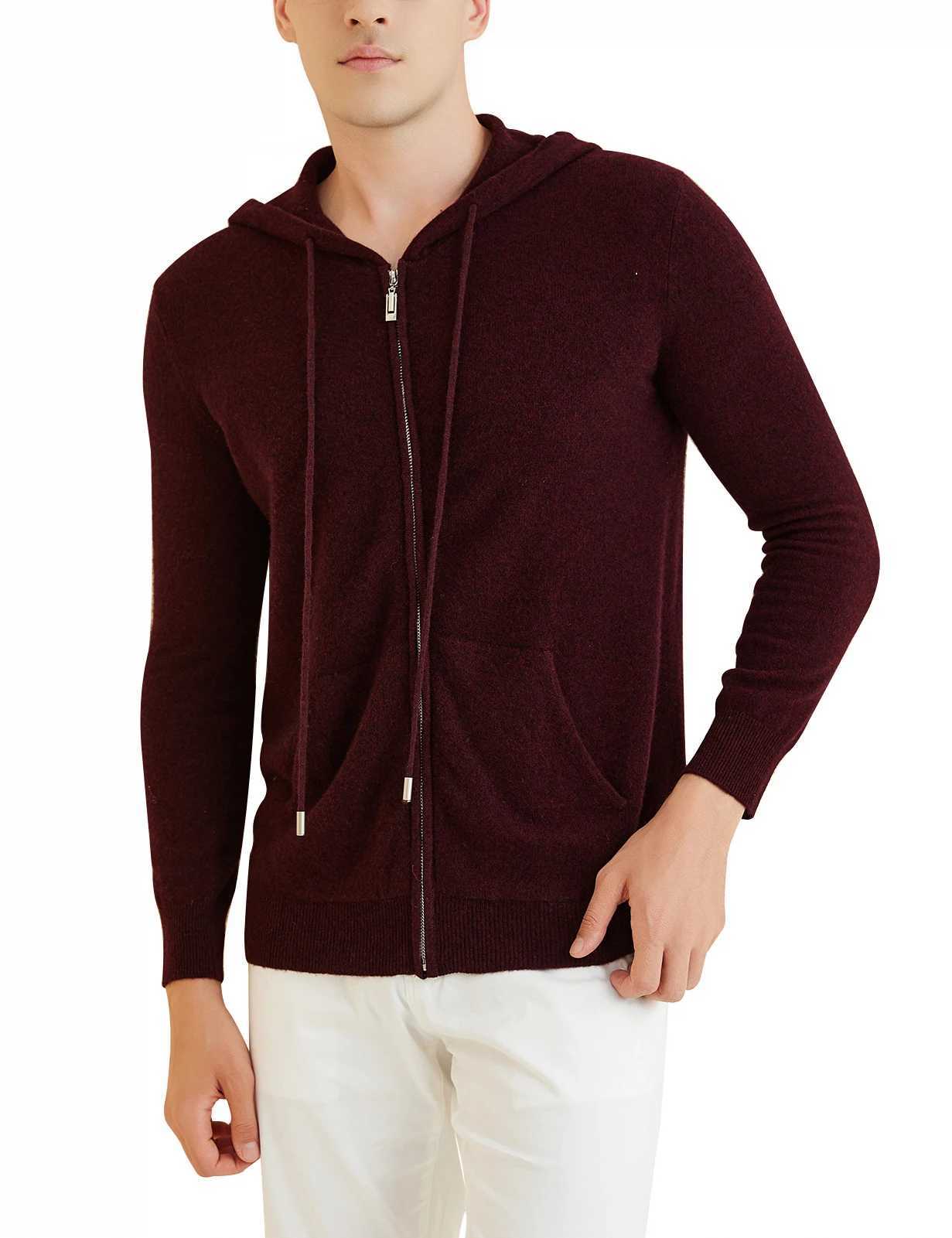 Long sleeved sweater mens cardigan hooded sweatshirt 100% Merino wool 2023 autumn and winter warm long sleeved zipper sweatshirt hooded jacketW240729