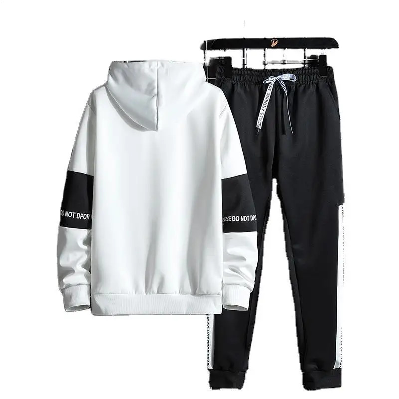 Autumn Winter Loose Casual Printed Hoodies Pants Set Men Add Velvet Patchwork Fashion All-match Hooded Top Sweatpants Suit 240813