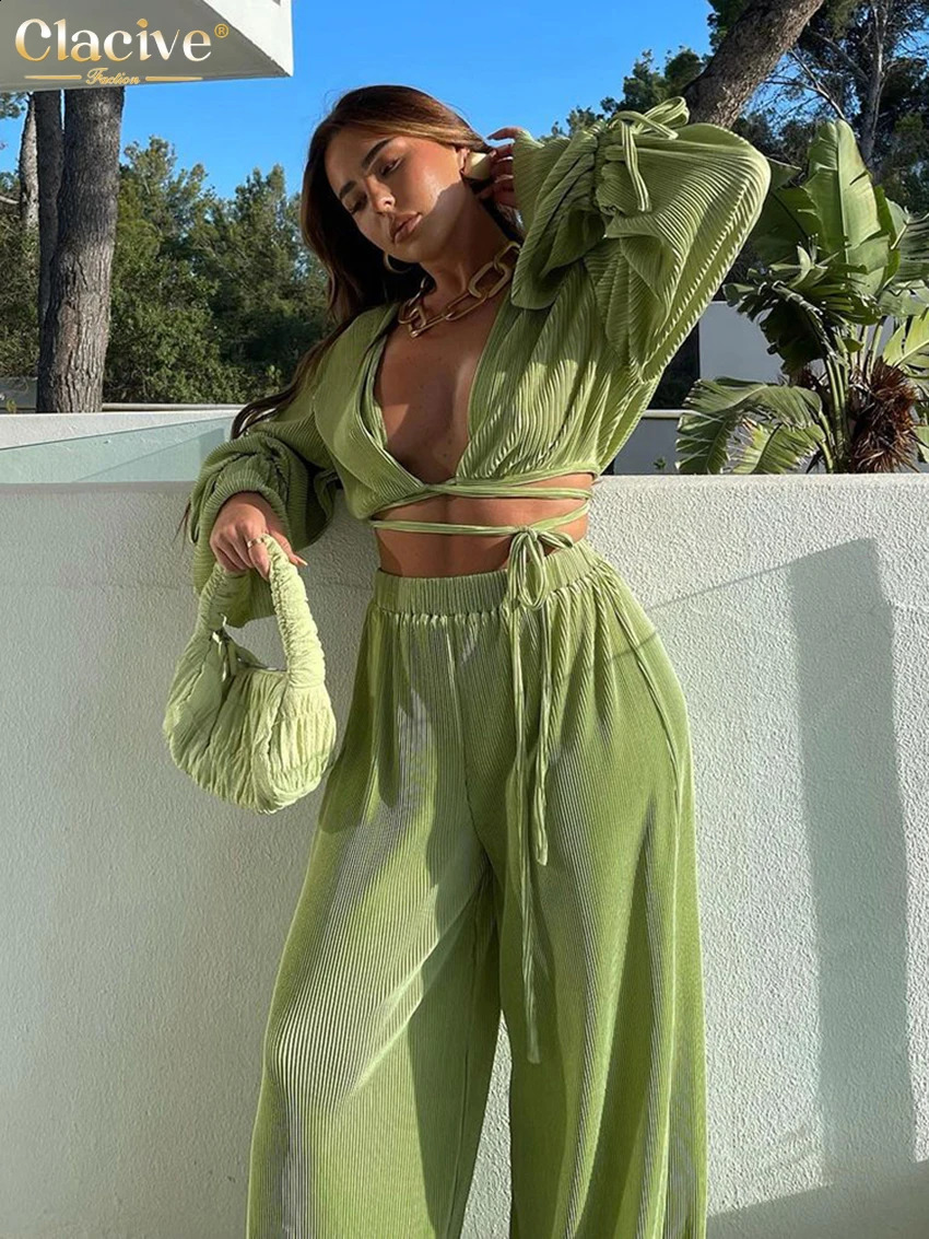Clacive Sexy Green Pants Set Women Casual Loose Bandage Blouses Shirt Matching Wide Leg Trousers Suit Elegant 2 Piece Pant Set 240813