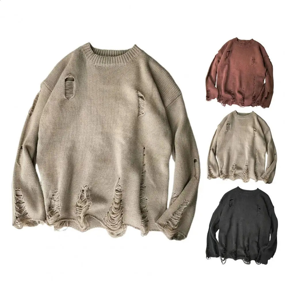 Men Wash Hole Ripped Knit Sweaters Solid Color Ripped O Neck Oversized Couple Sweater Winter Cool Mens Clothes Streetwear 240829