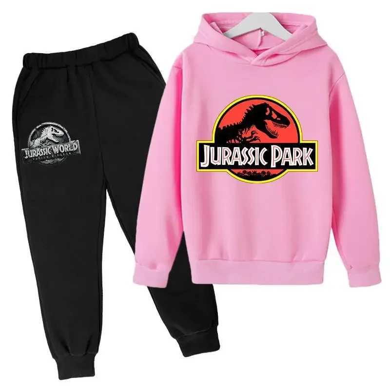 New Boy Jurassic Park Pieces Sets Tracksuit Decal Sweatshirt+Pants Pullover Hoodies Suit Casual Sportwear Girl Cartoon PrintY240814