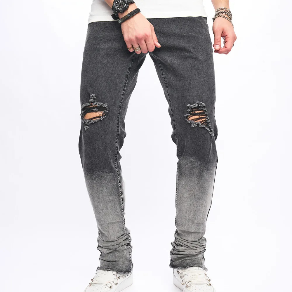 Fashion Gradient Color Men High Street Holes Slim Stretch Jeans Male Ripped Distressed Micro flared Denim Pants Mens Trousers 240814