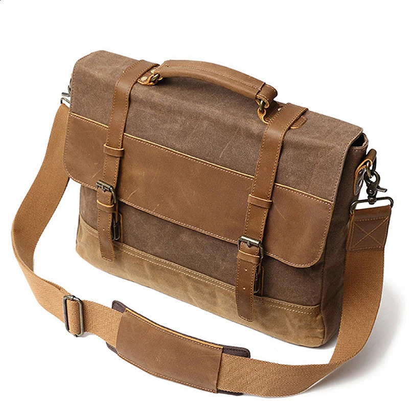Genuine Leather Men Canvas Briefcase Casual Shoulder Crossbody Bag Laptop Handbags For Male Vintage Travel Messenger Tote JYE270 240813
