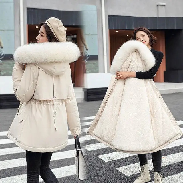 Women Parka Fashion Long Coat Plush Lining Hooded Parkas Winter Jacket Slim With Fur Collar Warm Snow Wear Padded Clothes 240813