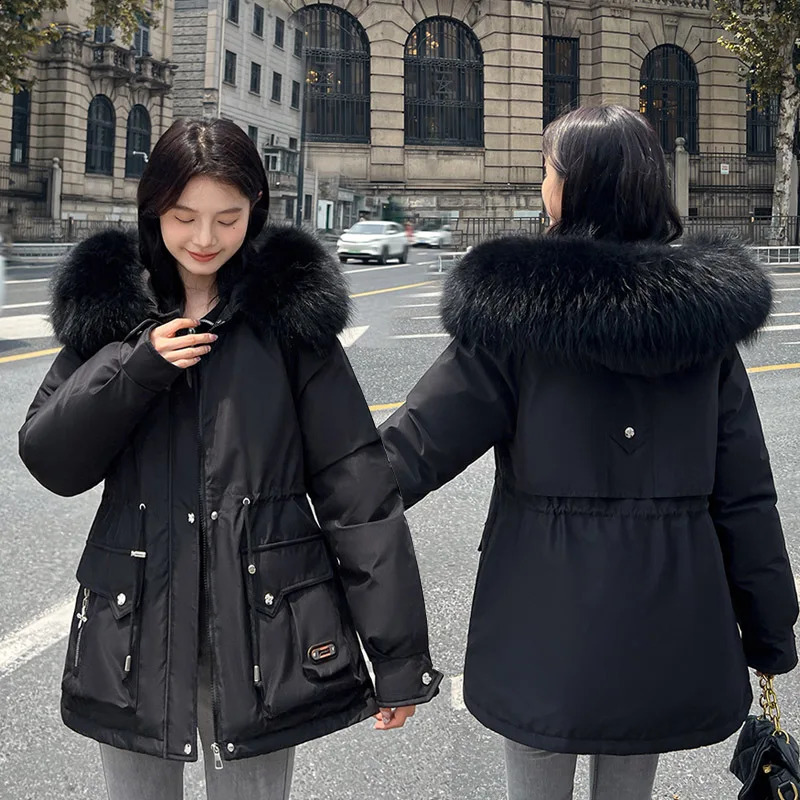 2024 Women Parka Fashion Winter Jacket Fur Collar Warm Snow Wear Padded Clothes Coat Wool Liner Hooded Parkas 240813