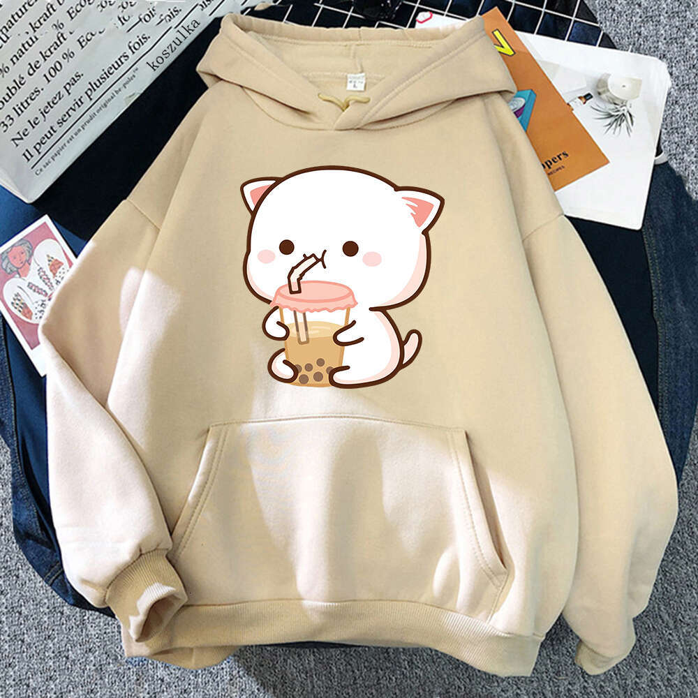 Hoodies Women's Peach And Rubber Haruku Kawaii Sweatshirt Cat Drink Milk Tea Autumn Winter Plus Size Pullover Unisex Clothes