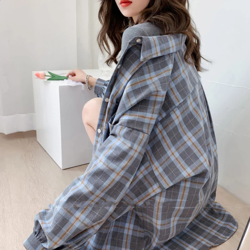 Streetwear Plaid shirt womens Korean fashion oversized top Harajuku daily full match long sleeved yellow 240814