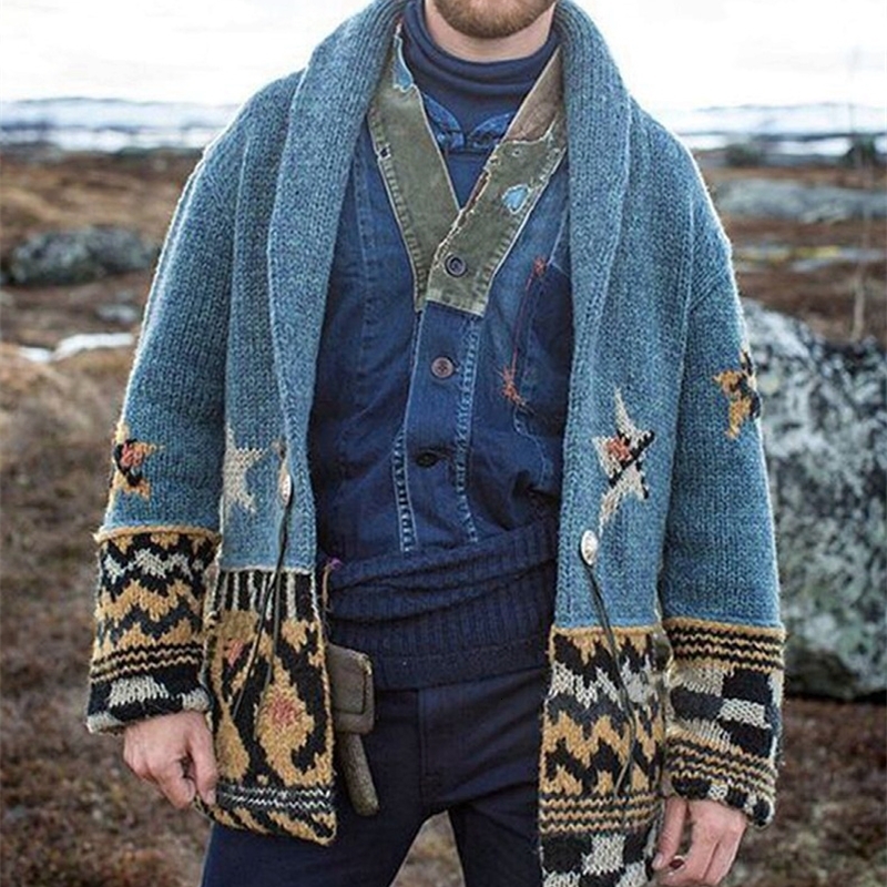 Mens Autumn and Winter Fashion Jacquard Sweater with Lapel Medium Long Personality Youth Outdoor Cardigan Coat M3XL 240813