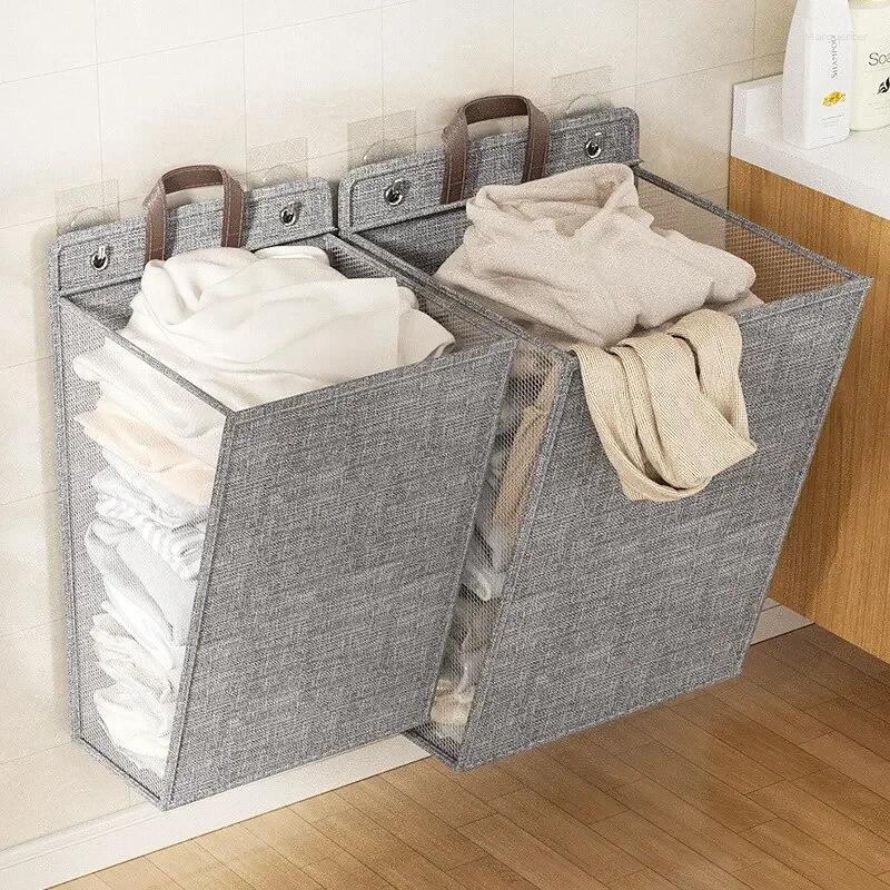 Laundry Bags 1pc Foldable Adhesive Basket Hamper Multifunctional Punch Free Wall Hanging Washing Clothes Mesh Hook Organizer