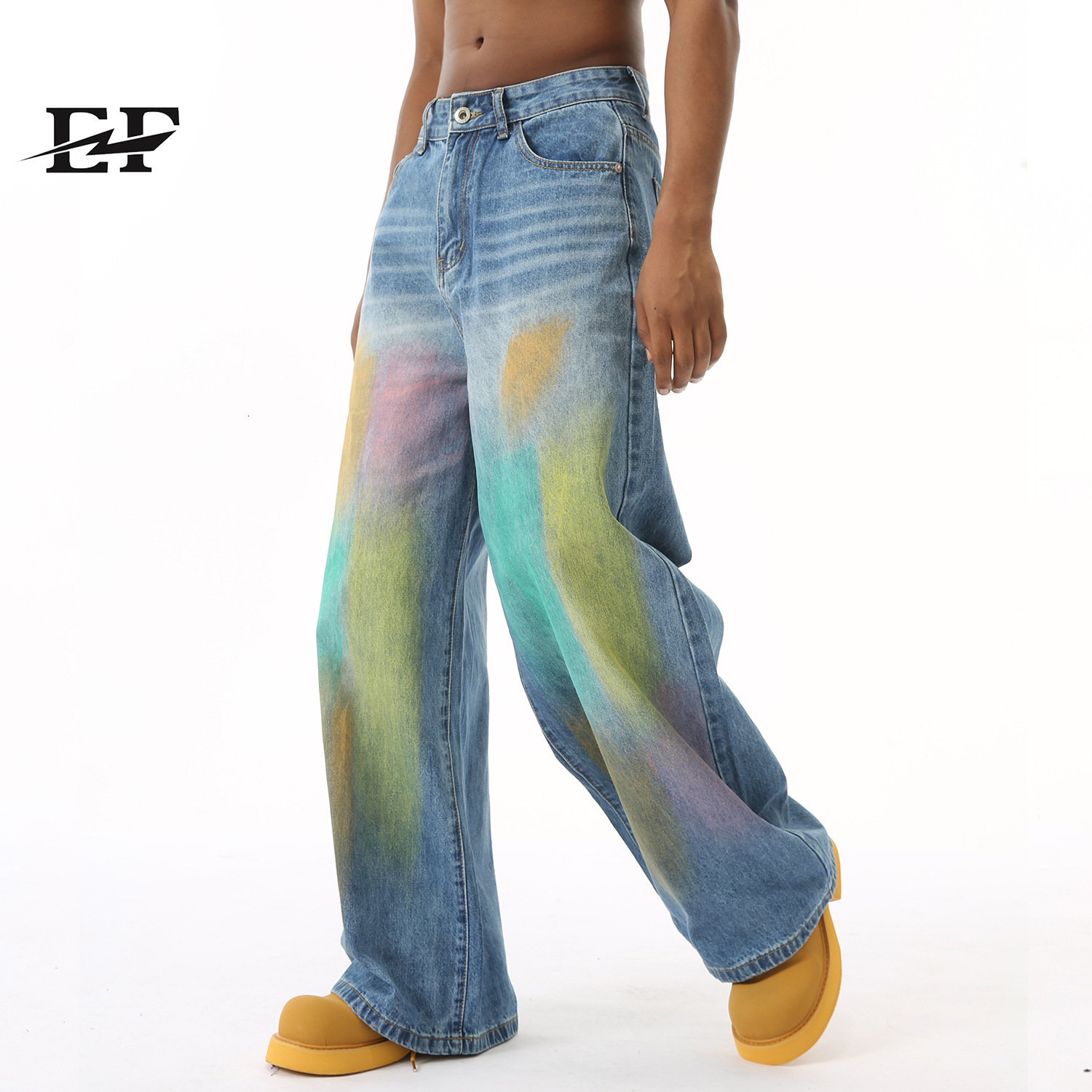 24ss New Product American Street Hip Hop Colorful Graffiti Dyeing Wide Leg Pants Jeans Trendy
