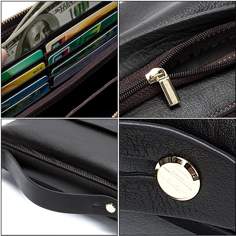 Genuine leather business clutch wallet mens long leather phone bag mens wallet mens large-sized coin wallet card clip 240812