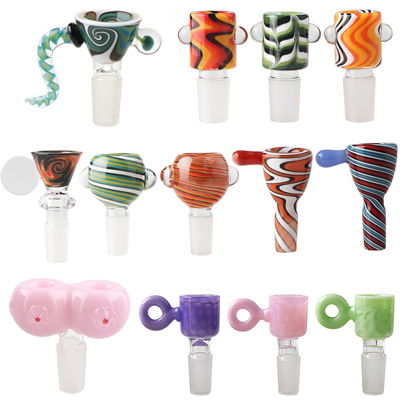 7 Style 14mm Male Glass Bowl Wig Wag With Handle Heady Bong Bowls Piece Unique Design Glass Bowl For Glass Bongs