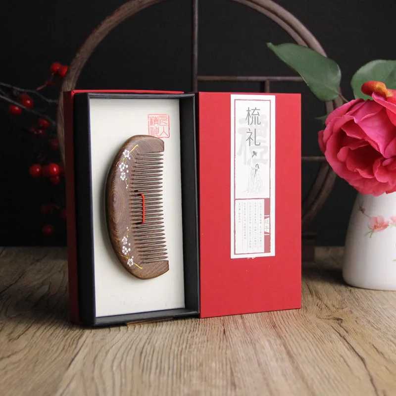 Natural Sandalwood Gold Wire Wood Comb Log Health Massage Portable Comb Temperature High end Gift W240813