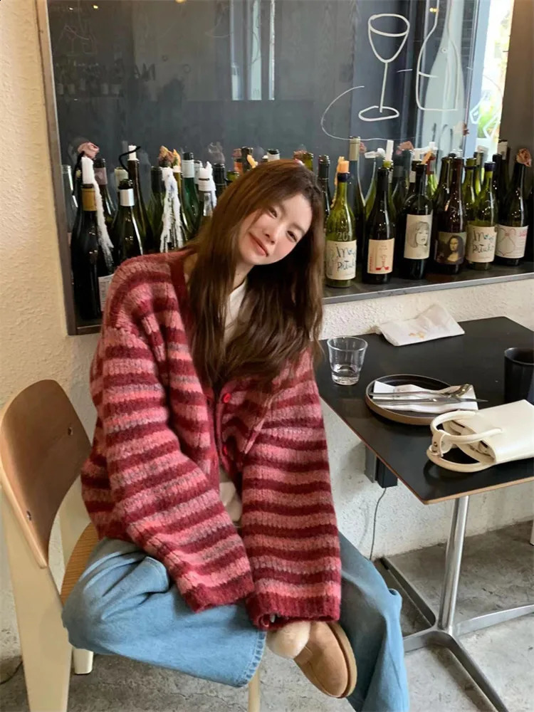 Korean style Women Red Streak Striped Cardigans Contrast Color V Neck Spring Autumn Cardigan Women Single Breasted Sweaters 240813