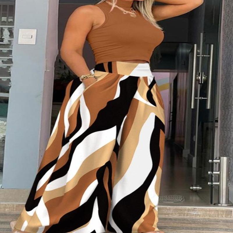 Two Piece Sets Women Outifits Summer Fashion Mock Neck Sleeveless Top Abstract Print High Waist Pocket Wide Leg Pants Set 240813
