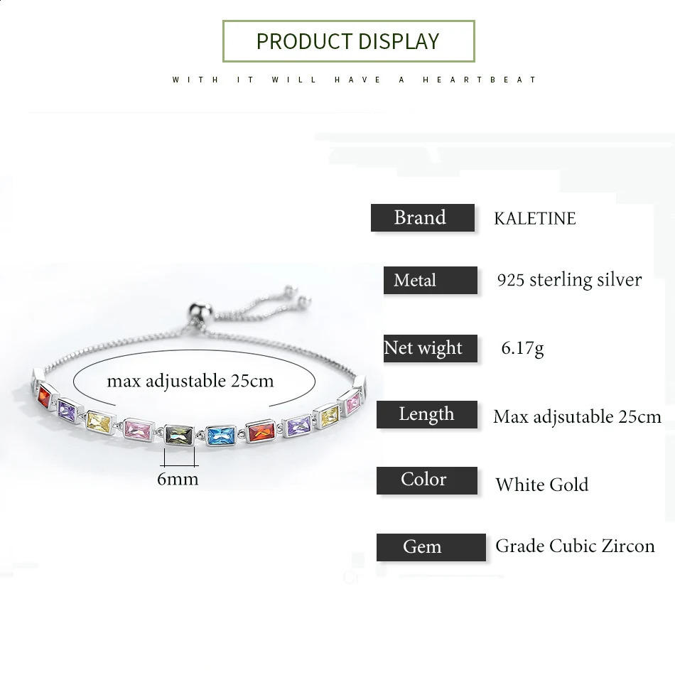 KALETINE 925 Sterling Silver Tennis Bracelets for Women Square Rainbow Stone CZ Charm Bracelet Adjustable Men Jewelry Bohemian 240813