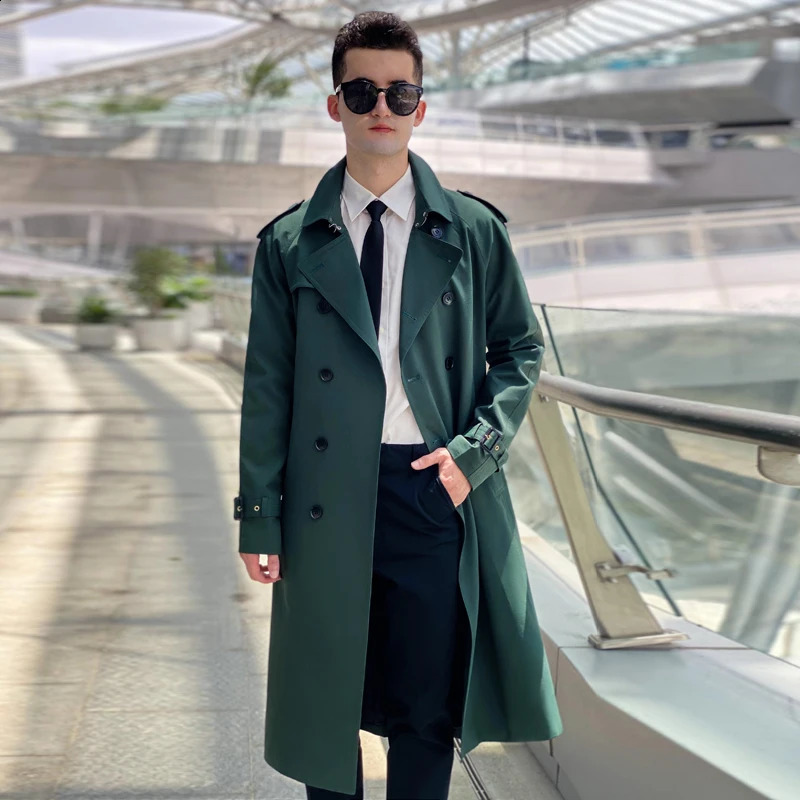 trench coat mens long knee length double breasted raglan sleeves brown British mens thickened down inner tank with windbreake 250214 - view 5