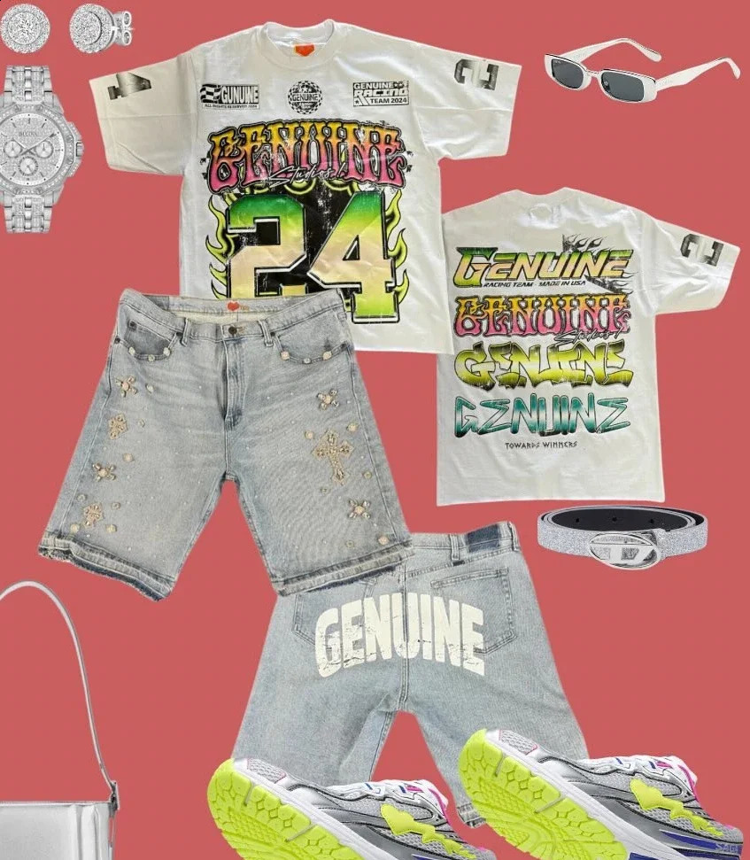 Y2k clothing set flat T-shirt printed pocket denim shorts Harajuku street jeans Rhinestone sweater mens clothing240813