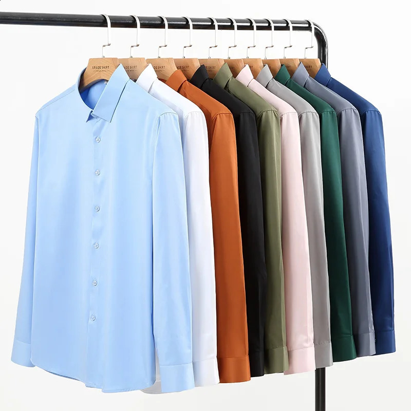 High Quality Stretch Anti-Wrinkle Non-iron Men Shirts Long Sleeve Dress Shirts Male Slim Social Business Casual Shirt S-6XL 240814