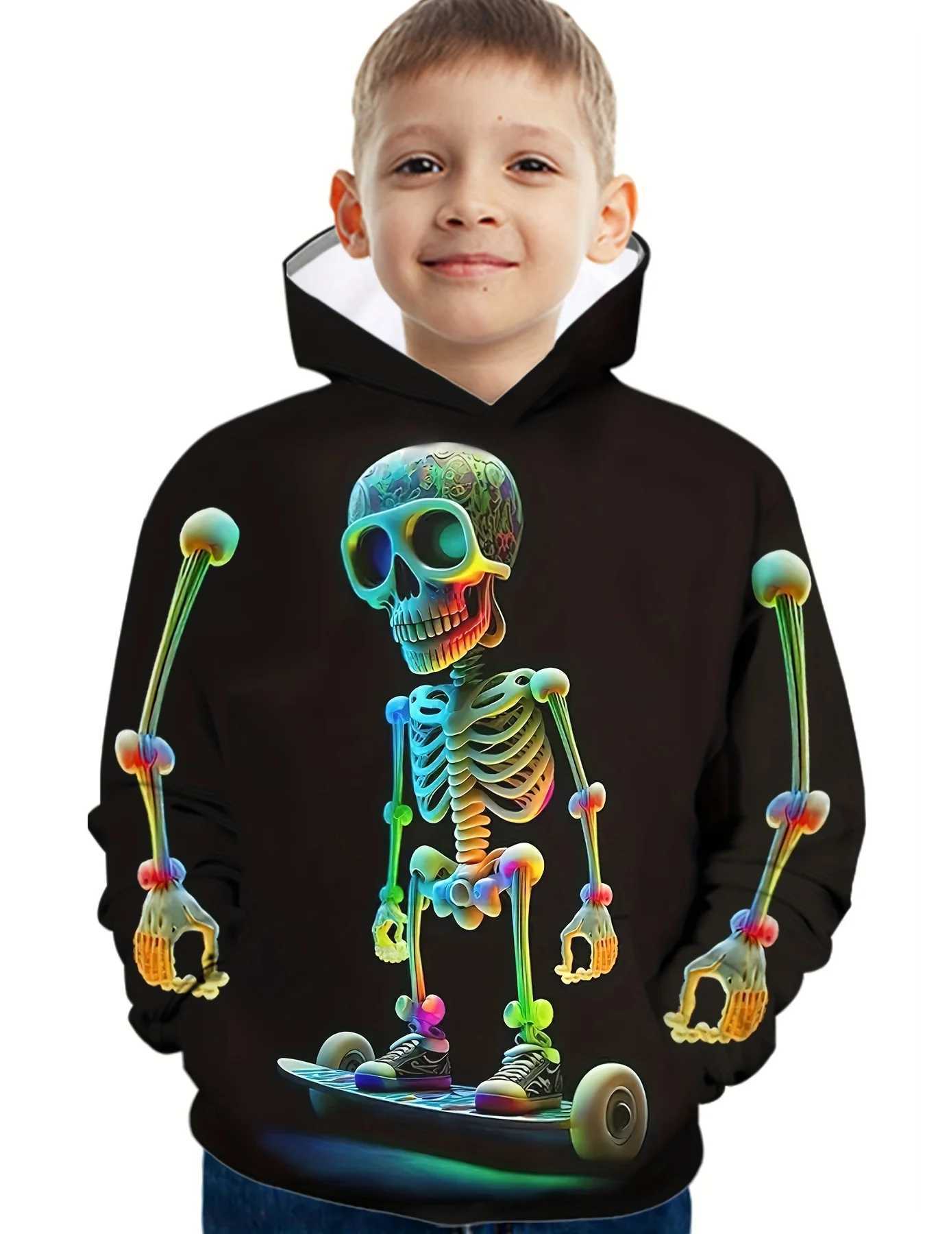 Halloween Skeleton Print Boys Casual Long Sleeve Hoodies Boys Sweatshirt for Spring Fall Boys Hoodie Childrens Boys ClothingY240814