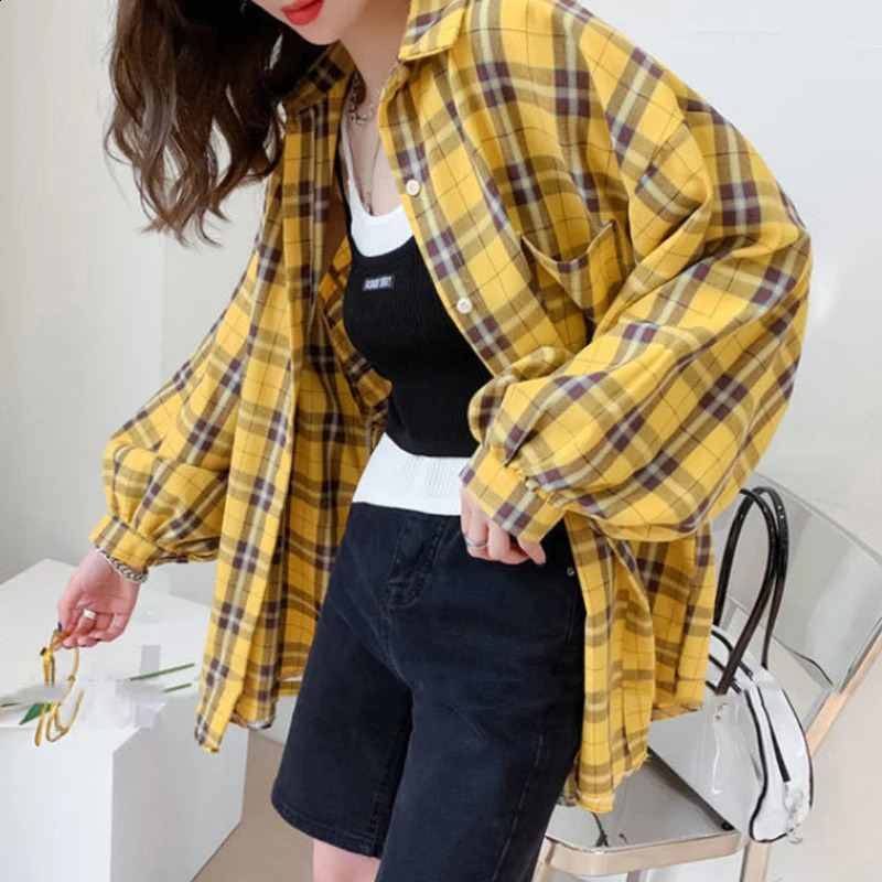 Streetwear Plaid shirt womens Korean fashion oversized top Harajuku daily full match long sleeved yellow 240814