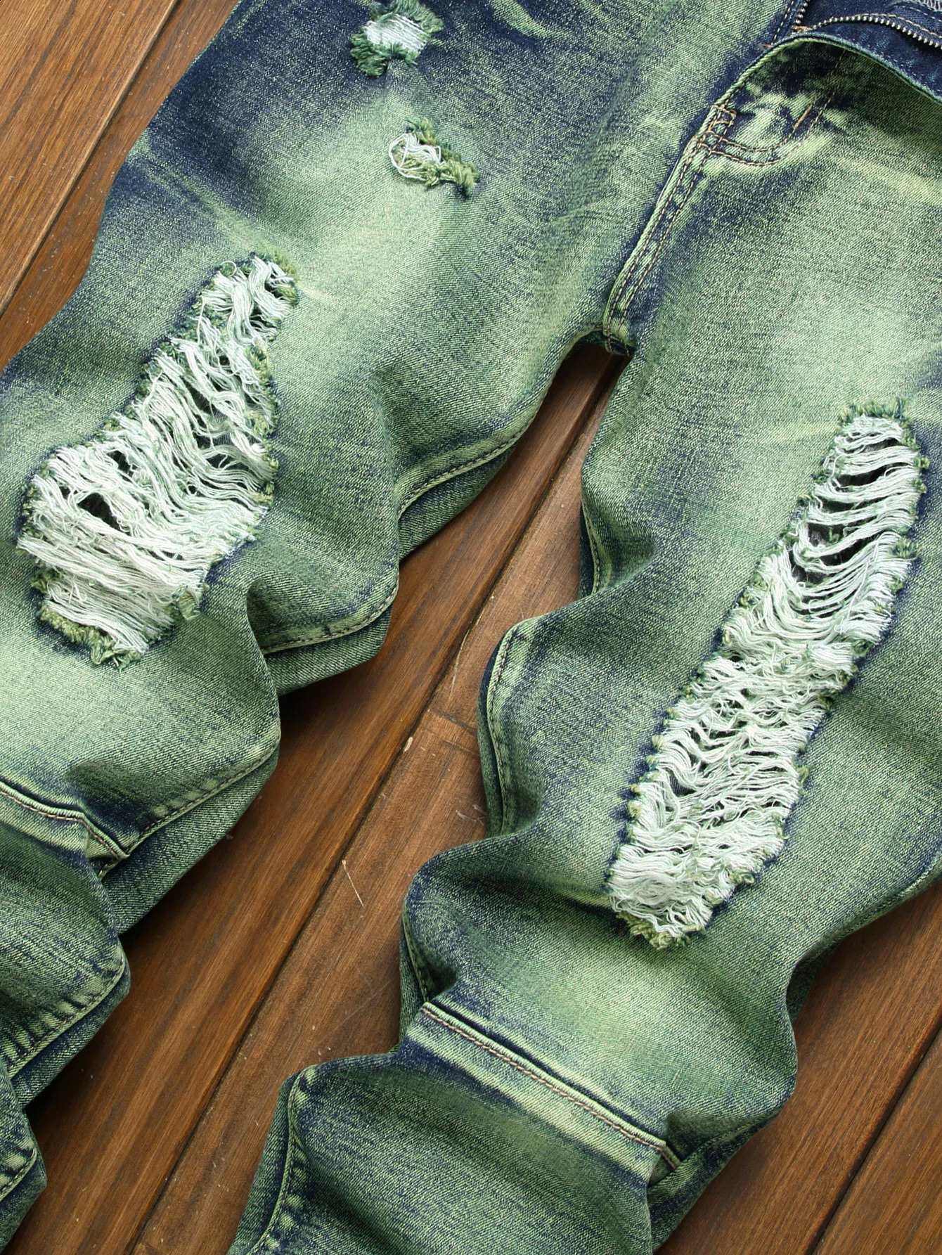 High Street Ripped Jeans for Men Four Seasons Causal Denim Pants Personalized Ocean Green Straight Jeans Fashion Youth Trousers 240821