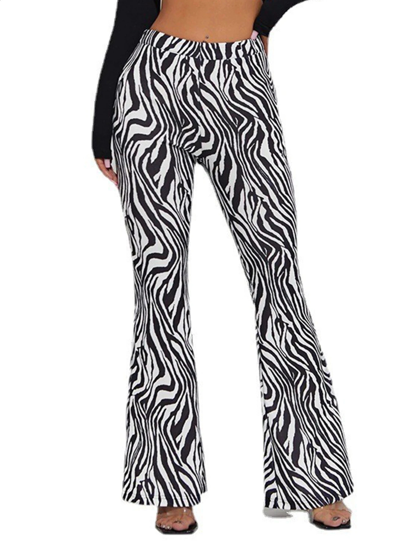 High-waisted Slim-fit Animal Pattern Digital Print Flared Pants For Women European And American Personality Stretch Pants 240813