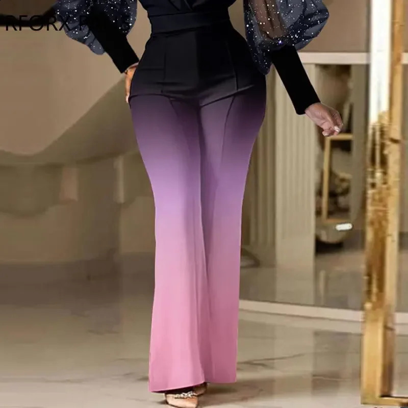 Women Elegant Contrast Mesh Lantern Sleeves Deep V Neck Straight Leg Jumpsuit 240813