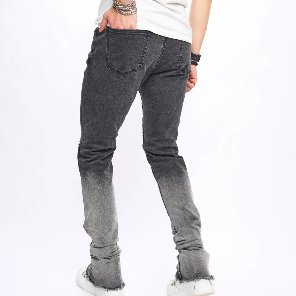 Fashion Gradient Color Men High Street Holes Slim Stretch Jeans Male Ripped Distressed Micro flared Denim Pants Mens Trousers 240814