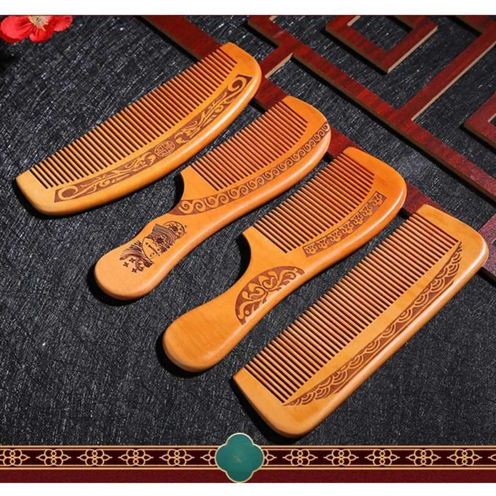 Natural carved peach wood comb thick wood comb curly massage hair comb anti-static sandalwood hair styling tool W240813