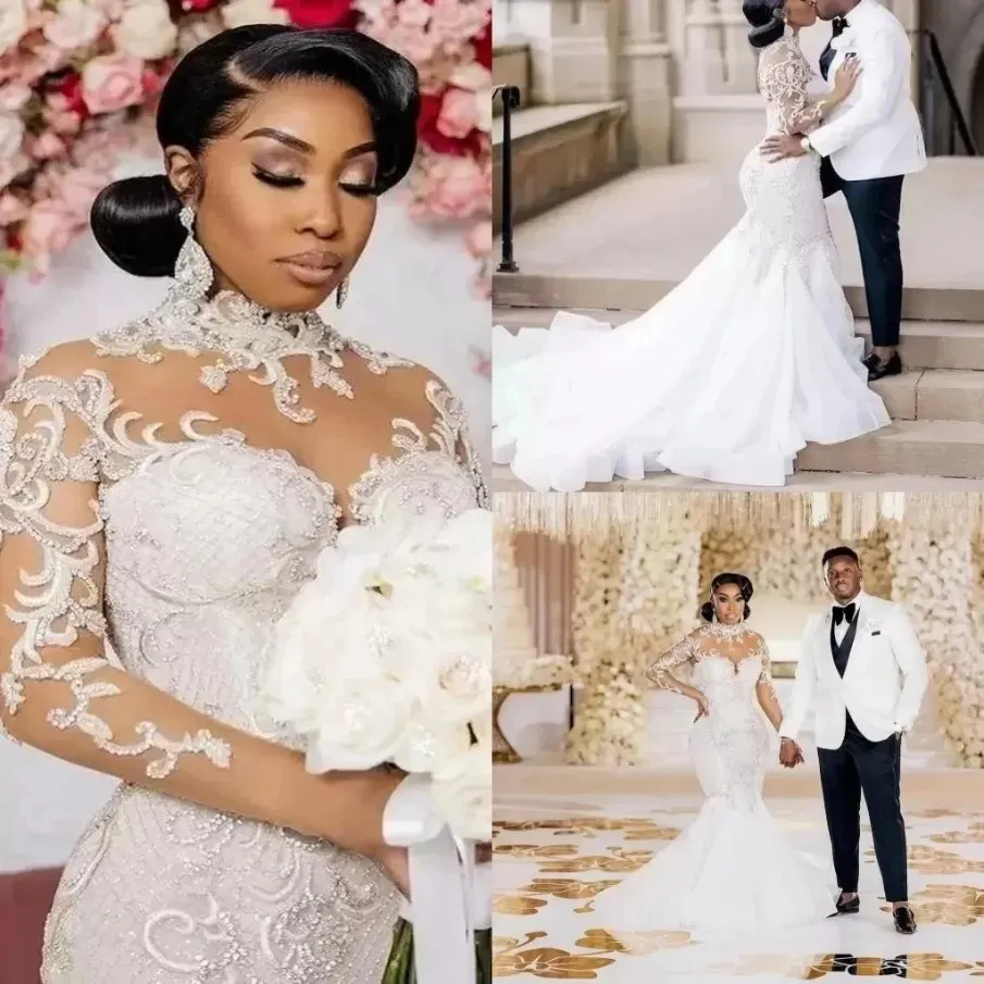 Plus Size Arabic Aso Ebi Lace Beaded Mermaid Wedding Dress High Neck Sheer Neck Long Sleeves Vintage Sexy Bridal Gown Vestido De Novia Ne