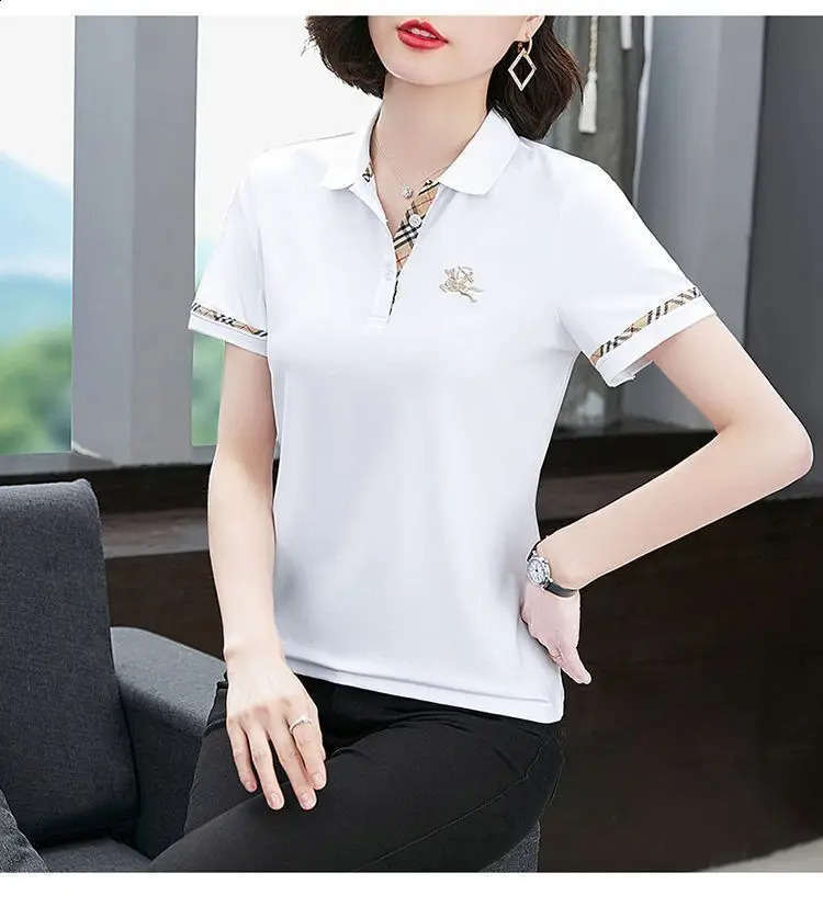 Summer Cotton Womens Short Sleeve Lapel Polo Shirt Female Casual Solid Tee Shirts slim golf polo shirts embroidery 240814