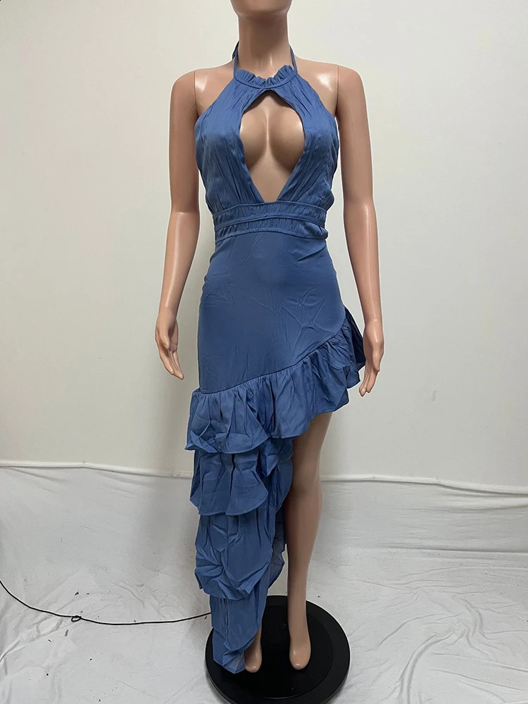 Woman Summer Dress High Waist Evening Party Halter Vintage Blue Dress A-line Tiered Ruffle Prom Sexy Long Backless Dress 240814