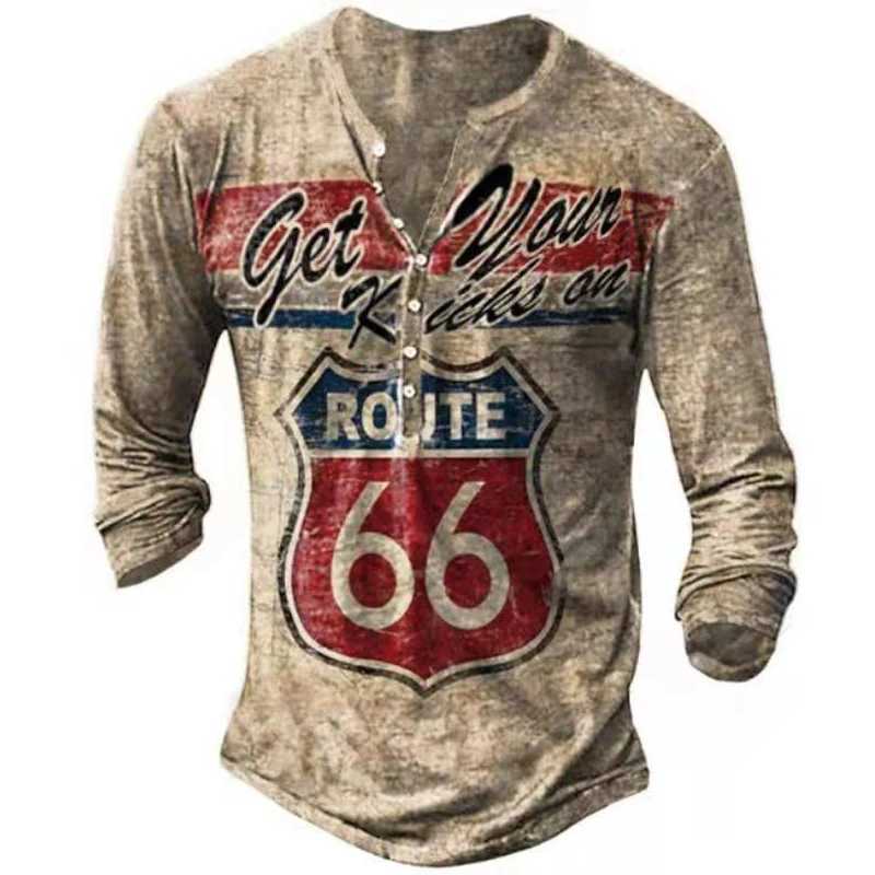 Vintage Mens T-shirts With Buttons Spring Summer V-Neck Long Sleeve Letter Printing Oversized T Shirts For Men S-5XLM240814