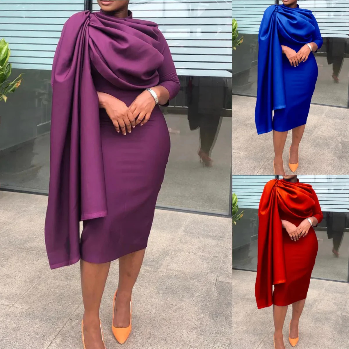 Elegant Ruched Party Pencil Dress Women Solid Ruffle Pleated Cloak Sleeve Bodycon Evening Wedding Dress Women 240814