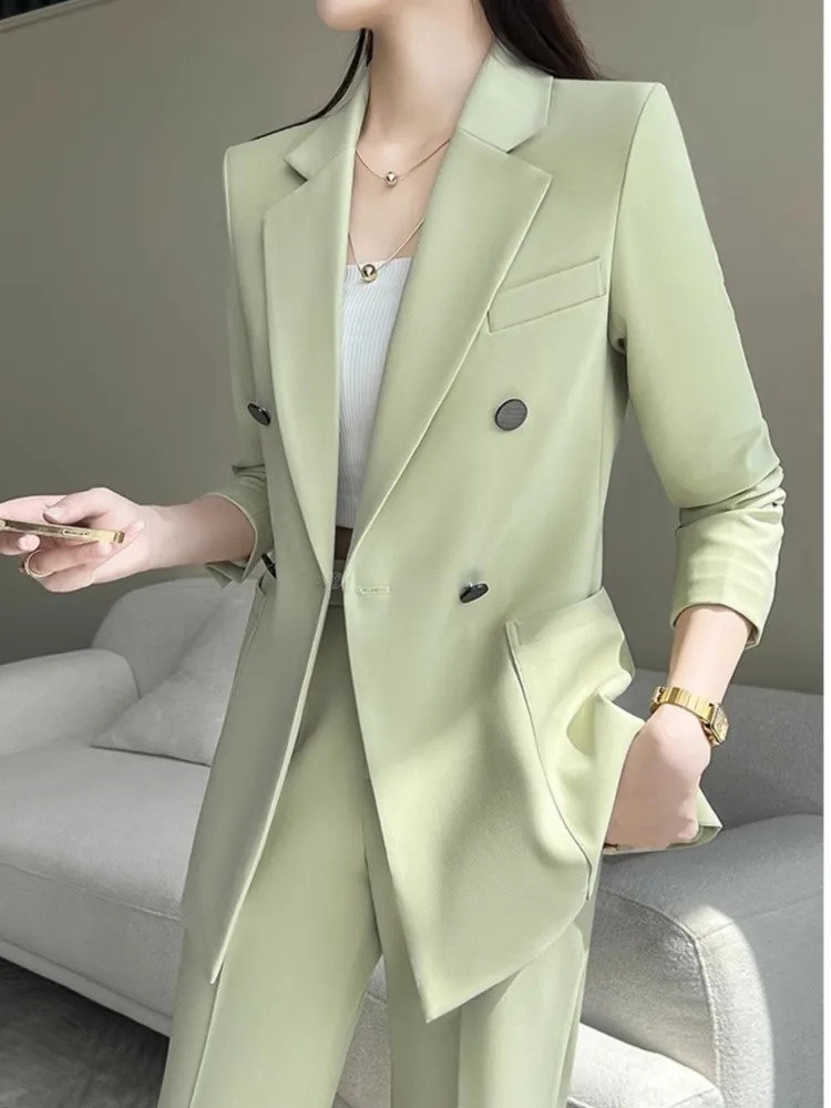 Women Fashion Elegant Chic Blazer Pantsuit Vintage Casual Solid Jackets Straight Pants Two Pieces Set Female Formal Outfits 240813
