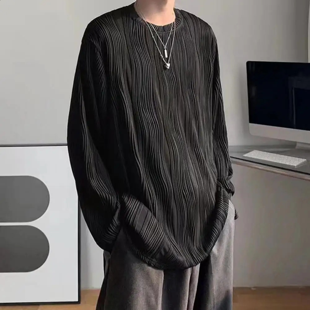 Water Wave Texture Fall Spring Men Top Round Neck Long Sleeve Oversized Solid Color Loose Pullover Mid Length Men Soft T-shirt 240814