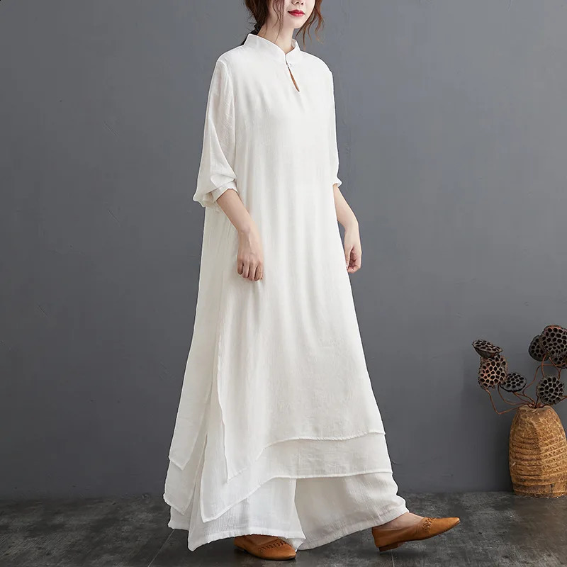 Johnature Spring 2024 Women Two Piece Set LongTop And Pants Chinen Style O-neck Elastic Waist Wide Leg Pants Sets 240813