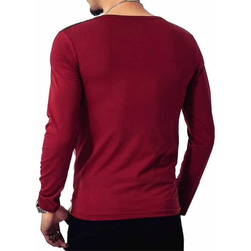 Mens Slim Fitted Casual Long-Sleeve Button T-Shirts Contrast Color Stitching Top TeesM240814