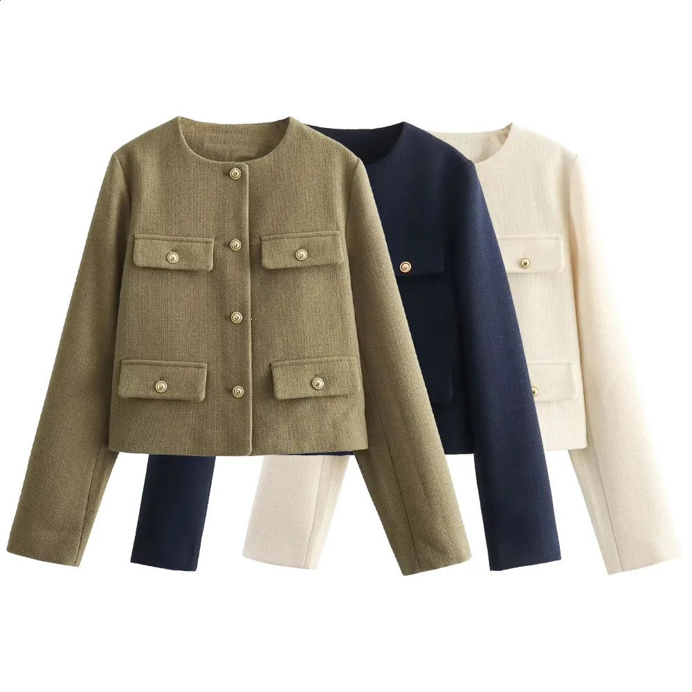 2024 Spring Womens Casual Versatile Elegance Small Fragrant Wind Multi Pocket Round Neck Long Sleeve Short Coat 240813
