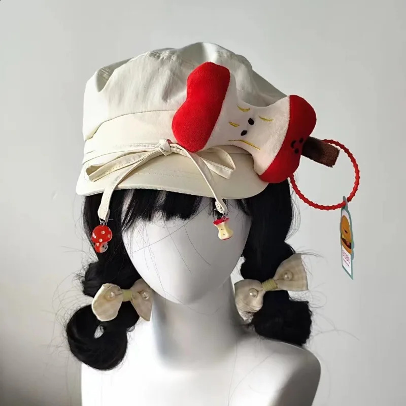 Japanese Kawaii Apple Decoration Beret Hat for Women Sweet Cute Y2k Lolita JK Girls Student Vintage Artist Painter Beige Bow Cap 240805