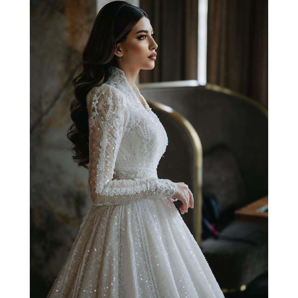 Dresses Beading Wedding Sequins V Neck Long Sleeves Lace A E Bridal Gowns Custom Made Sweep Train Robe De Mariee 6660307