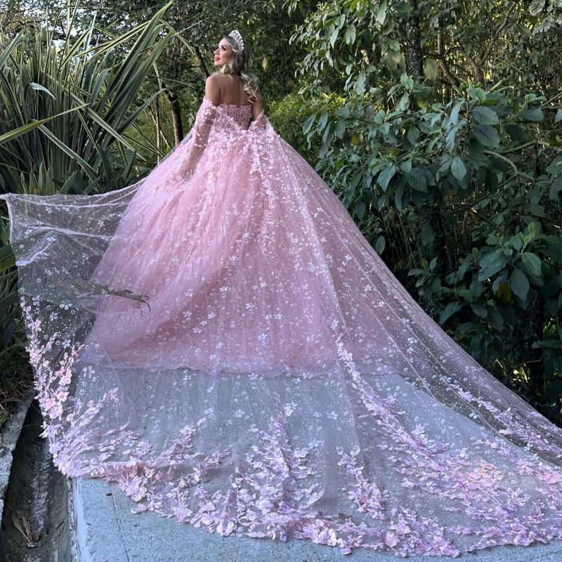 Pink Sparkly Crystal Appliques Quinceanera Dresses Ball Gown Off The Shoulder Beading Tull With Cape Sweet Vestidos De 15 Girls