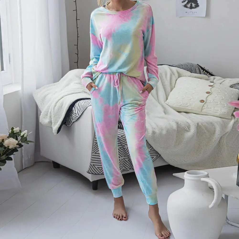 2 Pcs/Set Women Tracksuit Tie-dye Contrast Color Artistic Print Drawstring Elastic Waist Warm Pockets Round Neck Sweatshirt Trou 240809