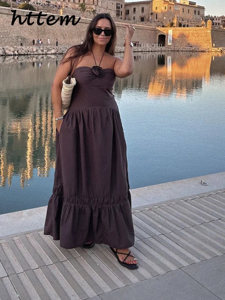 Elegant 3d Flower Halter Long Dress Women Slim Sleeveless Backless Pleated Holiday Dresses 2024 Summer Lady Solid Cotton Robes 240814