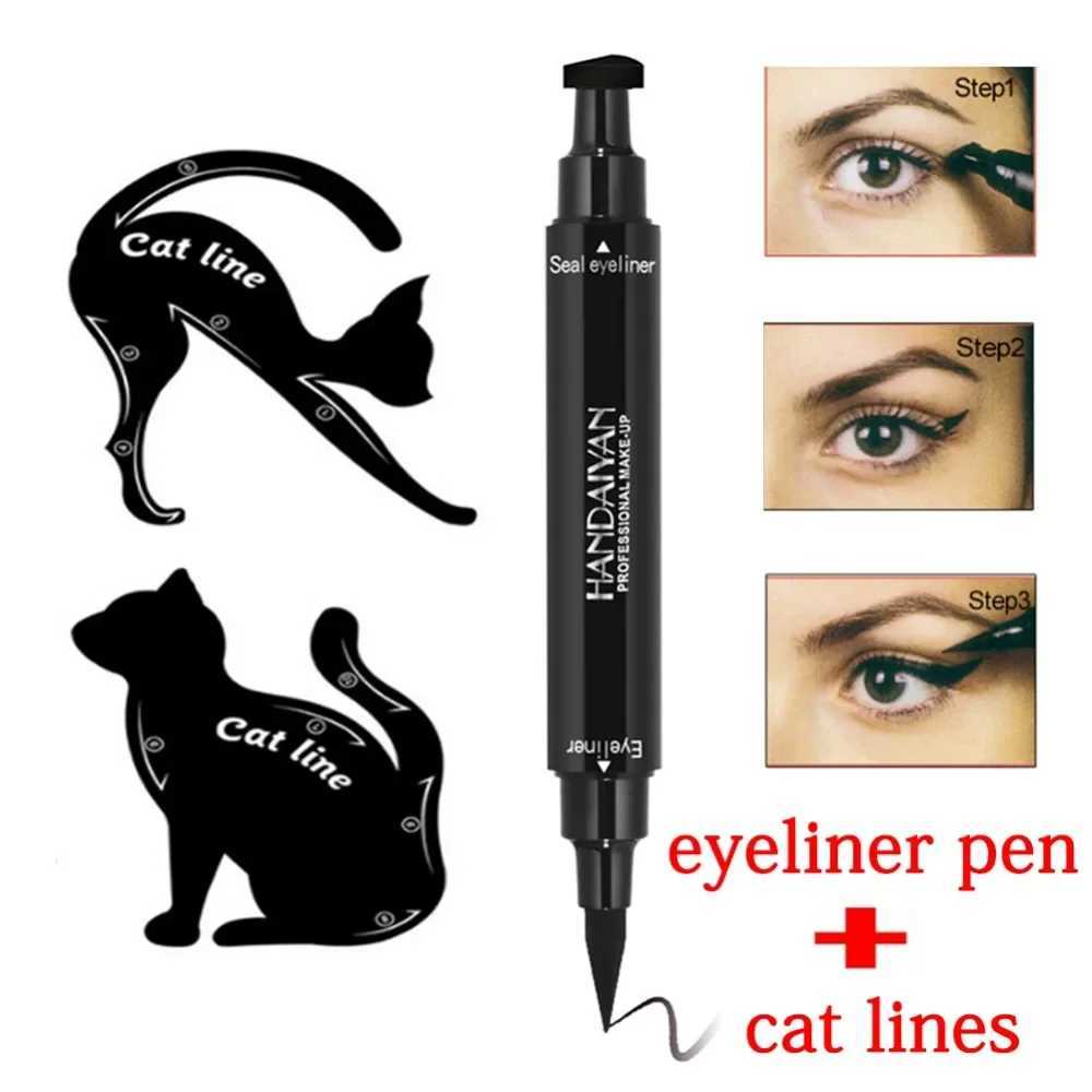Dual End Black Liquid Eyeliner Pencil Pro Waterproof Long Lasting Makeup Eye Liner Pen+ Cat Line Eye Makeup Stencils Y240813