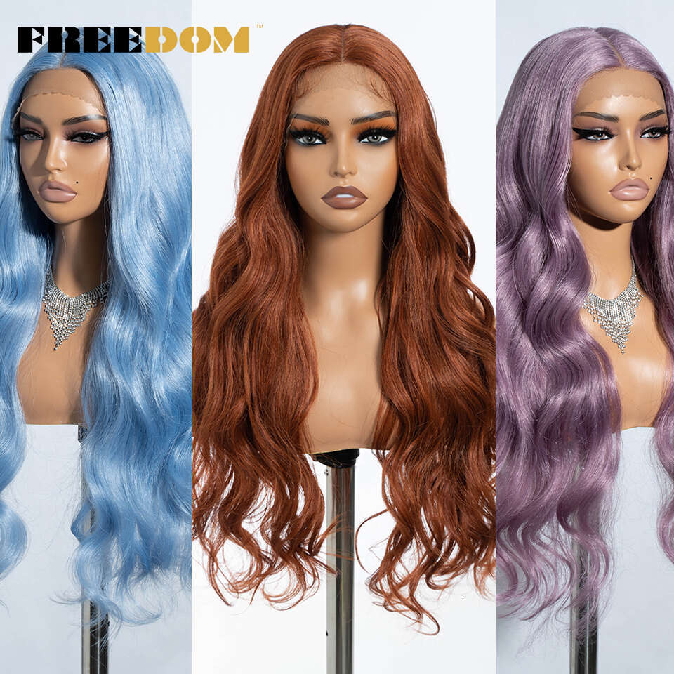 FREEDOM Synthetic Front Wigs For Women 30" Body Wavy Long T Part Lace Ombre Blonde Ginger Blue Cosplay Wig