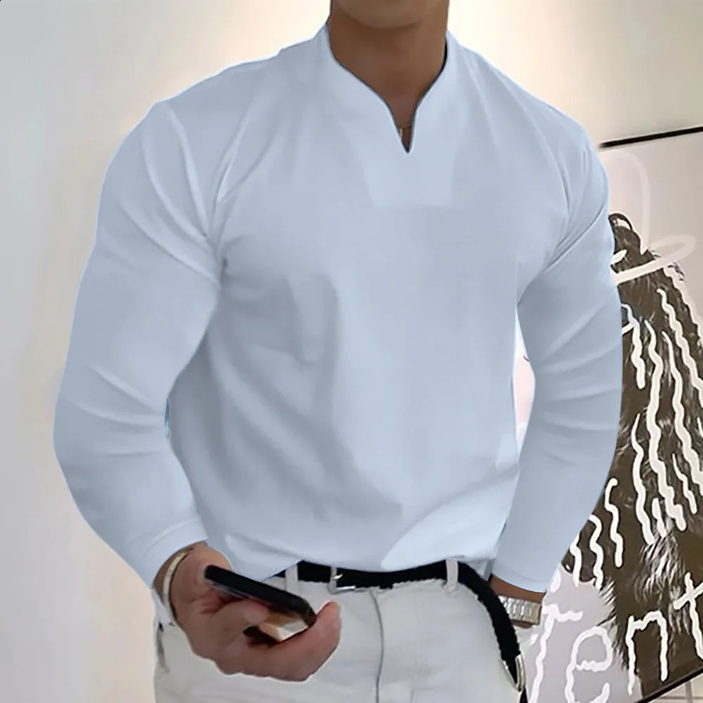 Mens Plus Size Solid V Neck Sweatshirt 12 Colors Spring Loose Athletic Elastic Comfortable Long Sleeve T-Shirt Casual Top 240814