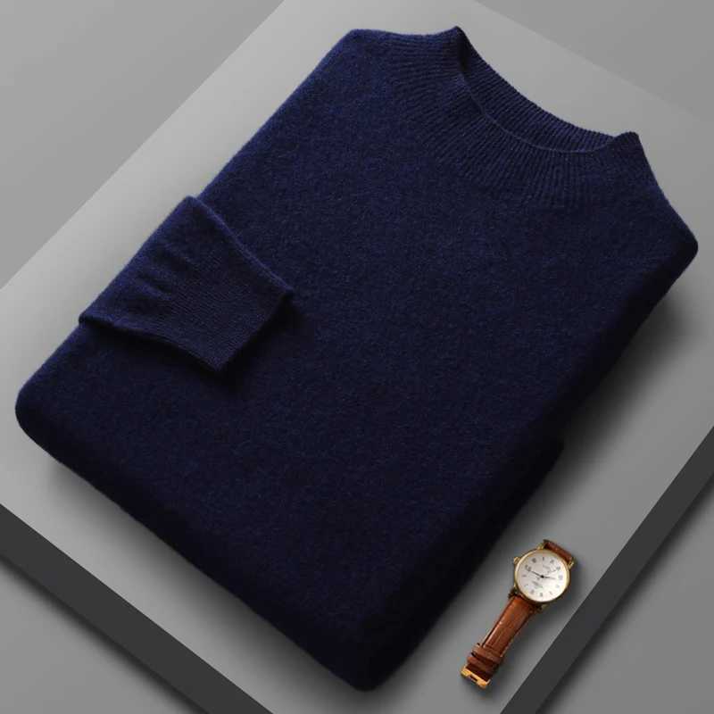 New mens semi high neck sweater pure wool knitted sweater single line ready-made warm underwear casual sweaterW240729