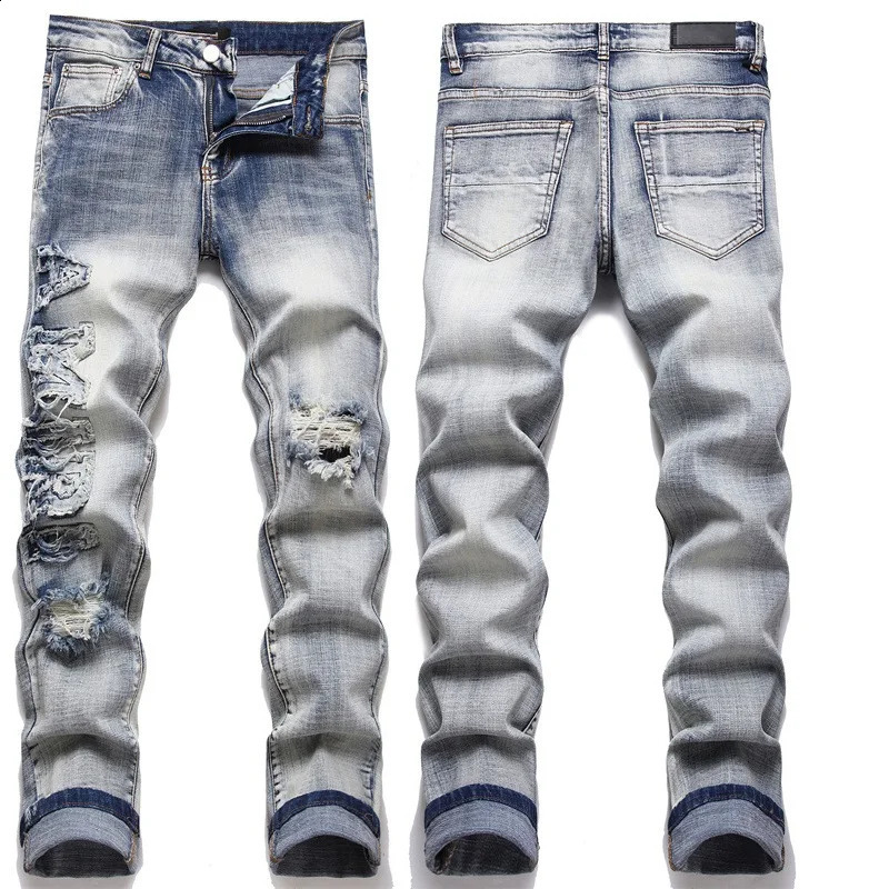 High Street Stretch Embroidered Mens Jeans Ripped Streetwear Punk Style Pants for Man Slim Fashion Small Foot 240813 - view 6